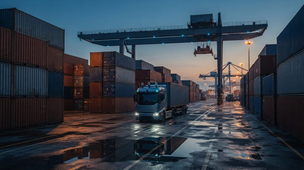 Autonomous container truck operating in a smart port with gantry crane at dusk