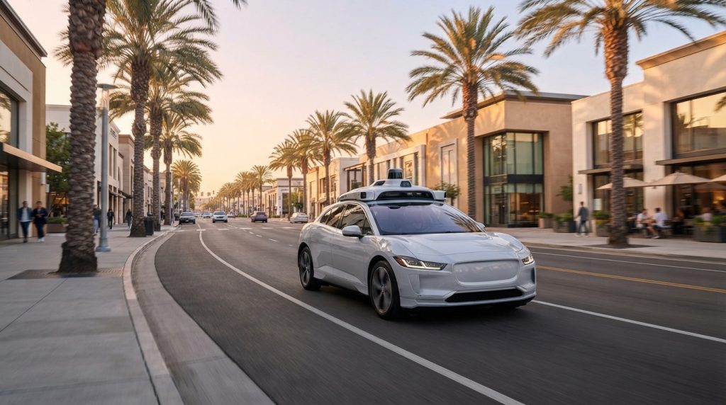 Autonomous Robotaxi with rooftop sensors driving through a city street with dual 5G connectivity