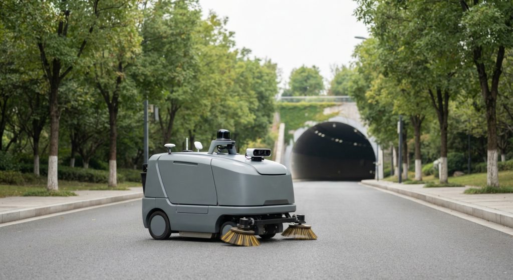 Autonomous street sweeper vehicle operating near a tunnel entrance on a tree-lined road