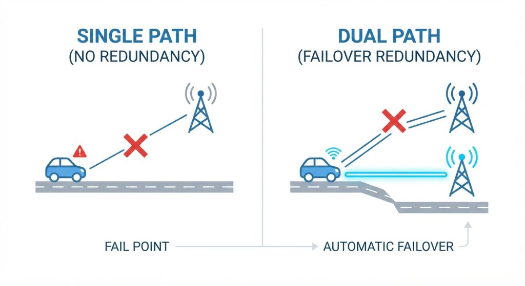 Diagram comparing single cellular connection failure versus dual-link failover redundancy