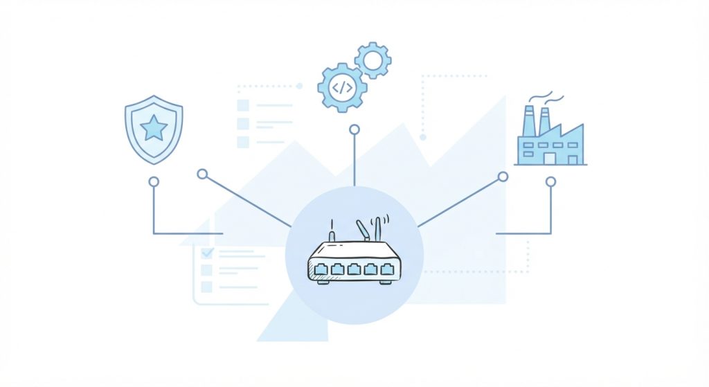 Flat vector illustration of a vehicle gateway selection decision process with certification icons