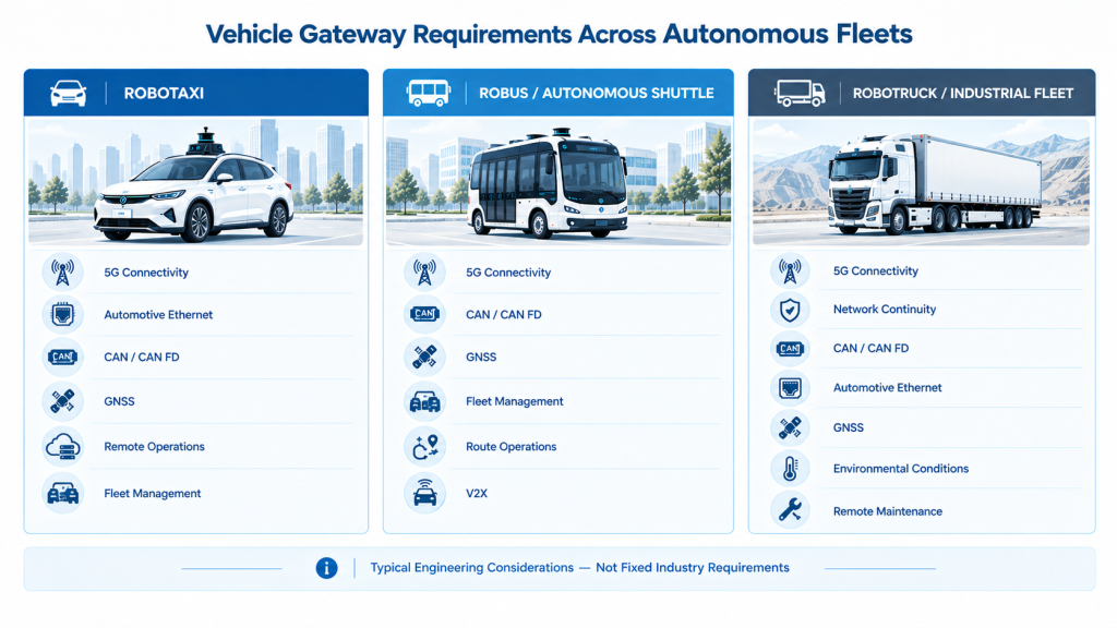 Comparison of vehicle gateway requirements for Robotaxi, Robobus and Robotruck fleets